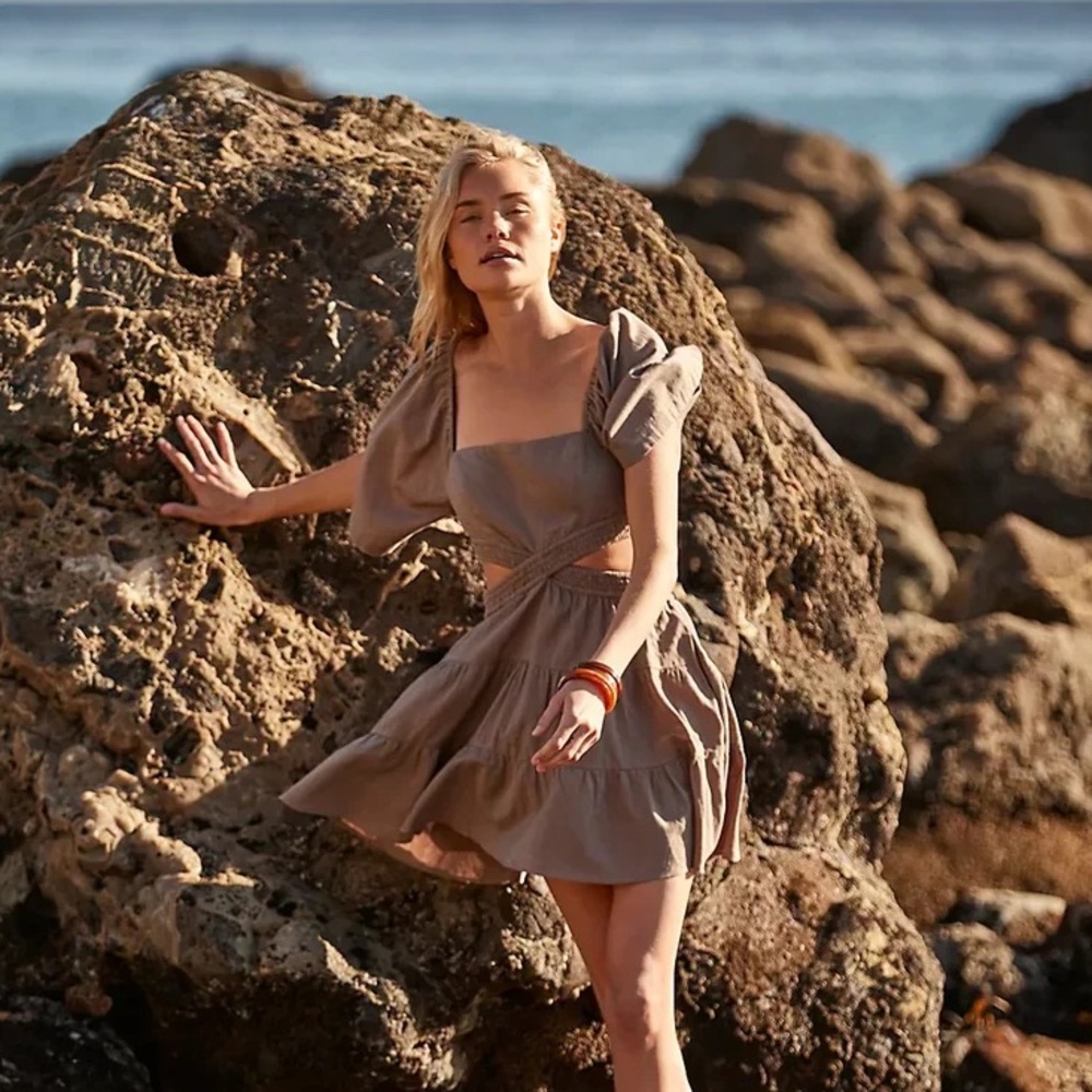 FREE PEOPLE cross of sunlight brown linen sexy travel vacation weekend dress